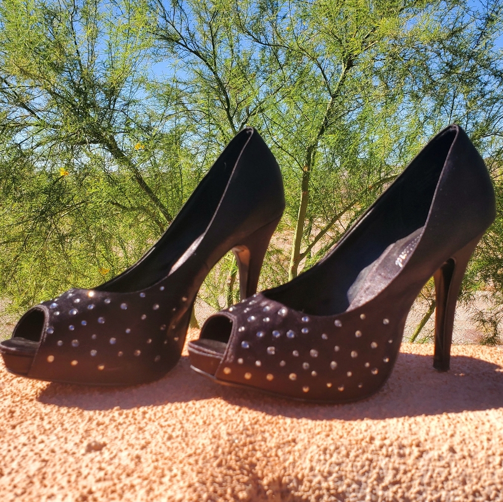 Lulu Towsend Satin Open Toe Pumps w/Rhinestones